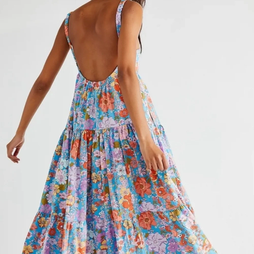 Free People Park Slope Retro Blue Floral Maxi Dress M - Picture 4 of 16